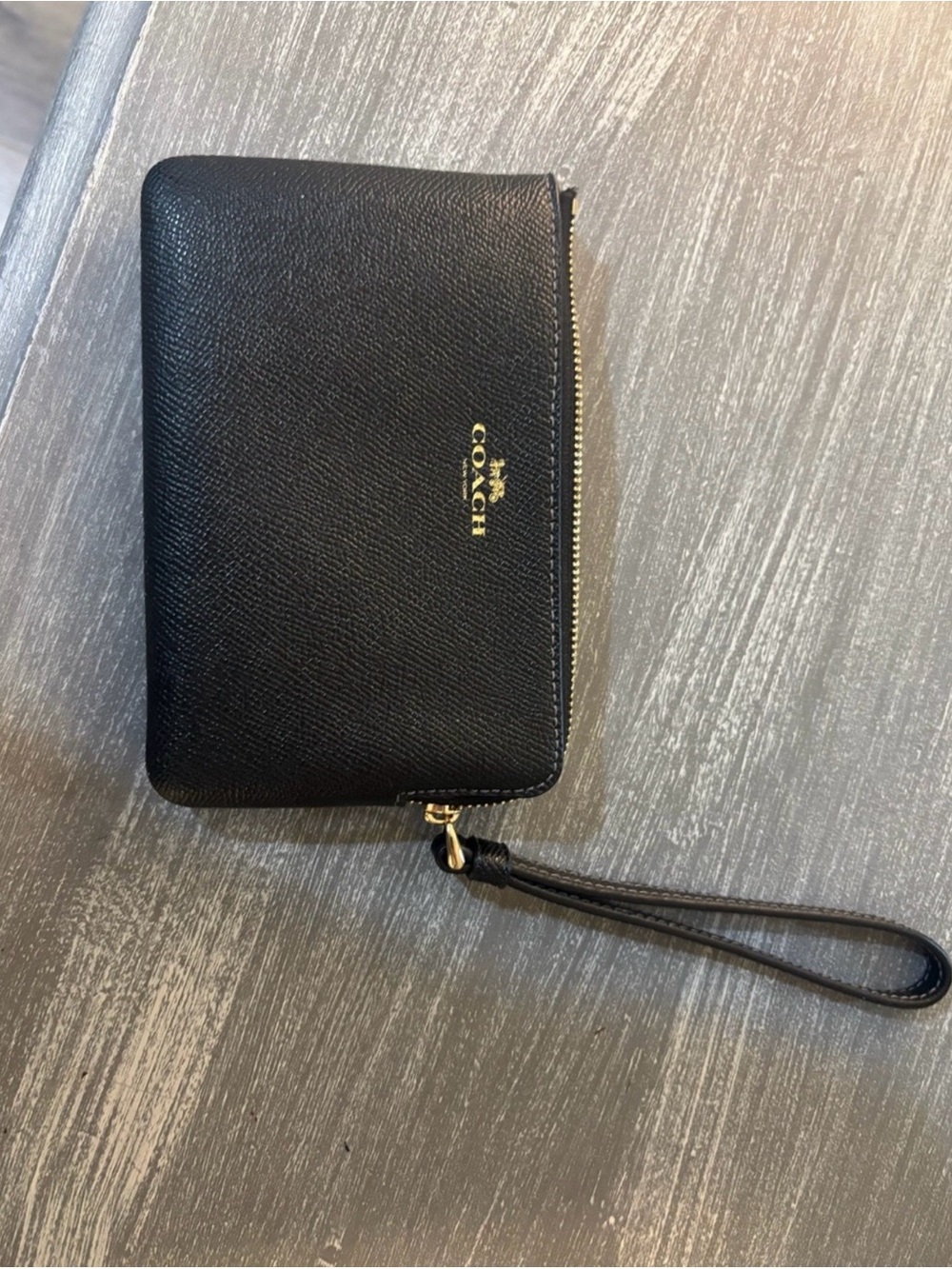 Coach Black Leather Zip Wristlet with Gold Logo